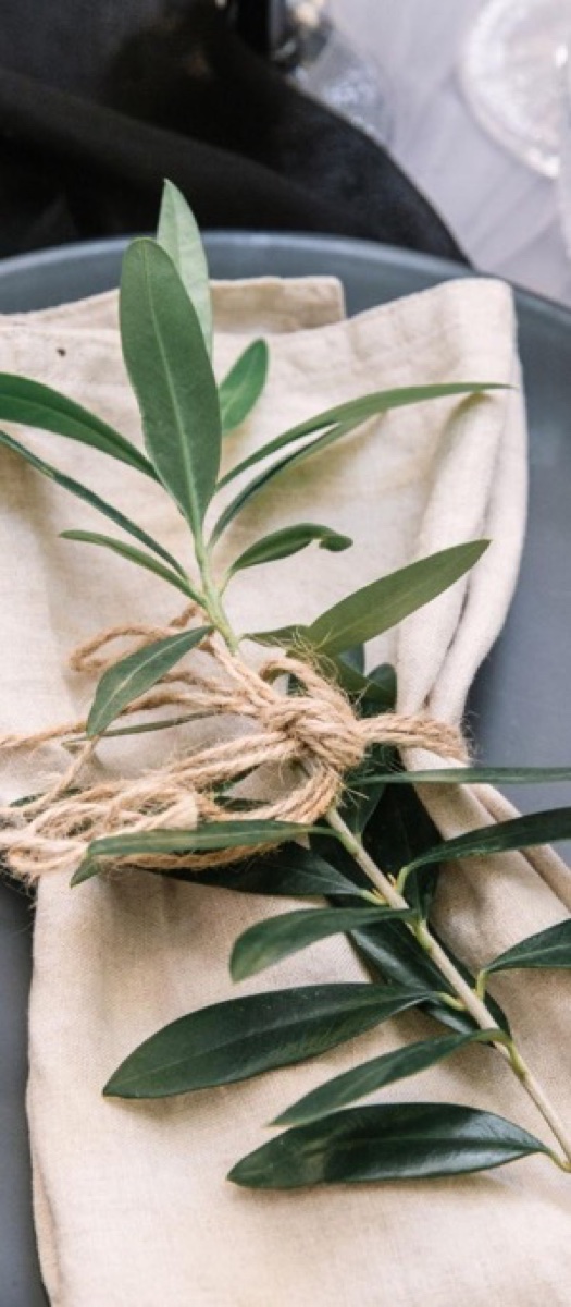 Olive branch tied with jute on a linen napkin