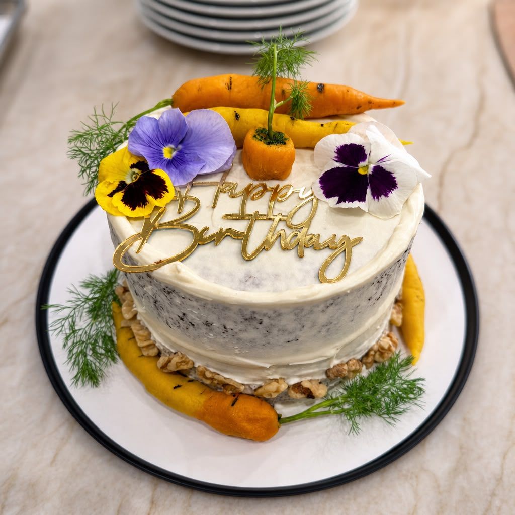 Carrot cake with cream cheese frosting, edible pansies, heirloom carrots and dill — custom birthday cake by Sienne's Table, South Bay Los Angeles