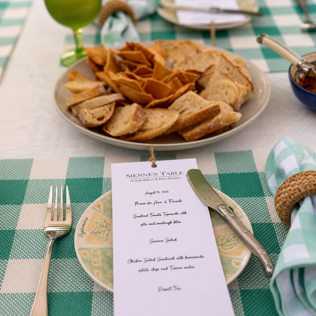 A handwritten Sienne's Table menu card on a gingham place setting, with a platter of sliced sourdough and pita behind it — Patio Lunch, Lomita CA
