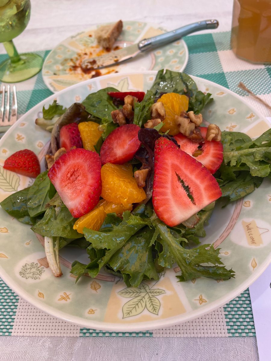 Summer salad with strawberries, mandarin, and candied walnuts on greens — Patio Lunch at Sienne's Table