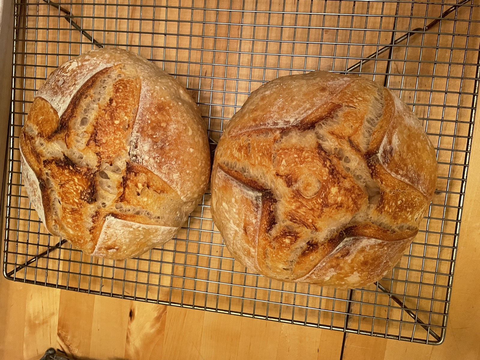 Two rustic sourdough boules on a wire rack, scored in a leaf pattern