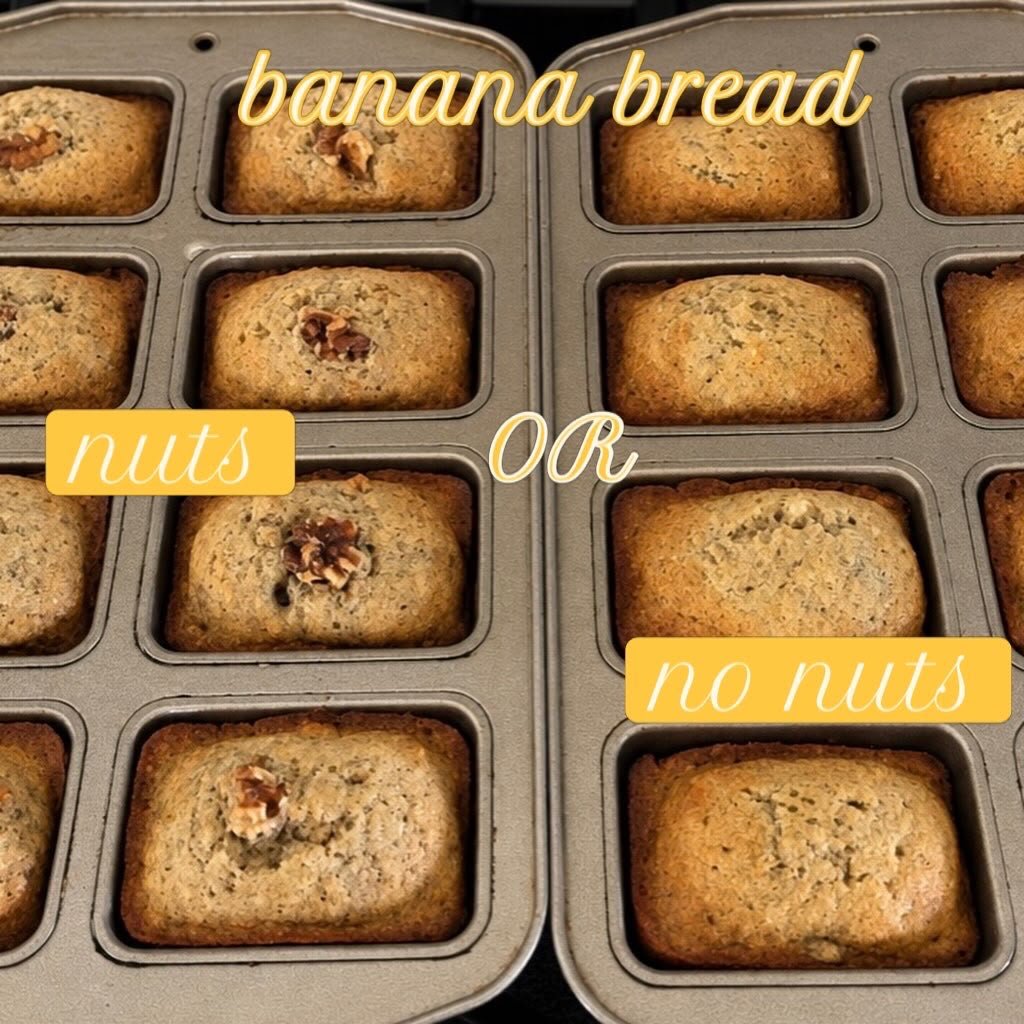 Mini banana bread loaves, some topped with walnuts, cooling in their tins, Sienne's Table